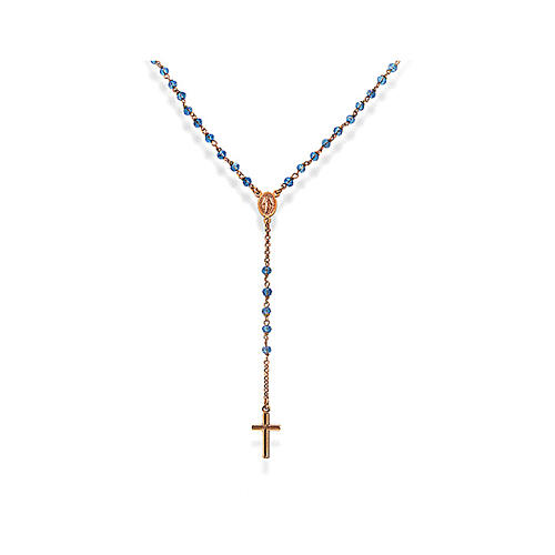Terço prata 925 rosada com contas azuis-claras, pingente cruz, Medalha Milagrosa e Papa Francisco linha AMEN 1