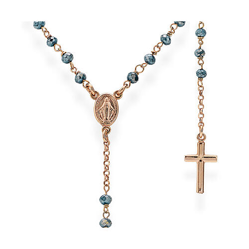 Amen rosary necklace with metallic blue beads, 925 silver in copper finish 1
