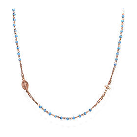 Amen necklace of copper finish with sky blue beads, crucifix and Miraculous Medal