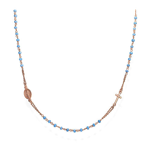 Amen necklace of copper finish with sky blue beads, crucifix and Miraculous Medal 1