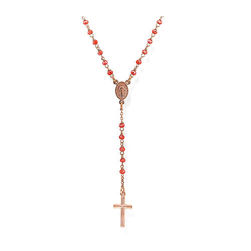 Amen rosary necklace with peach beads, crucifix and Miraculous Medal, 925 silver in copper finish 1