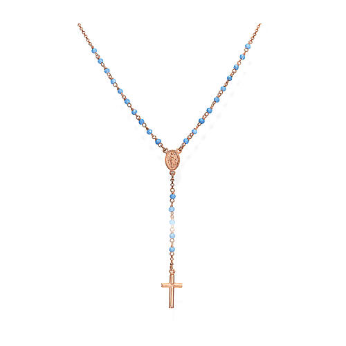 Rosario Amen rosado granos azul claro hielo medalla Virgen Milagrosa 1
