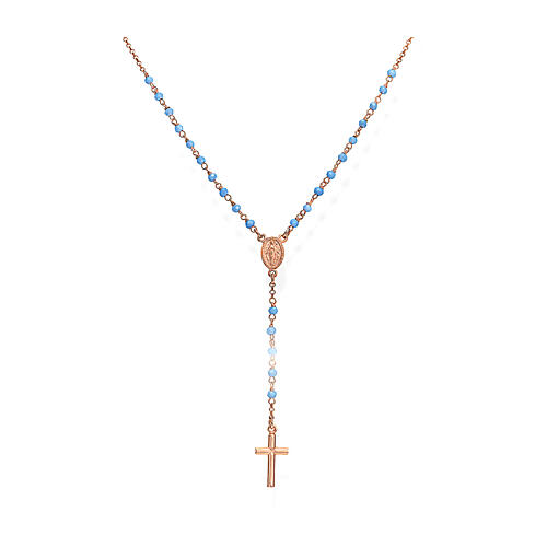 Colar prata 925 rosada contas de cristal azul-gelo, cruz e Medalha Milagrosa linha AMEN 1