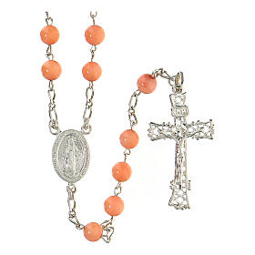 Silver rosary with pink coral beads 6 mm