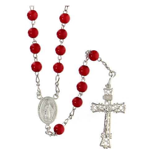 Silver rosary with red coral beads of 6 mm 1