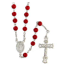 Silver rosary with red coral beads 6 mm