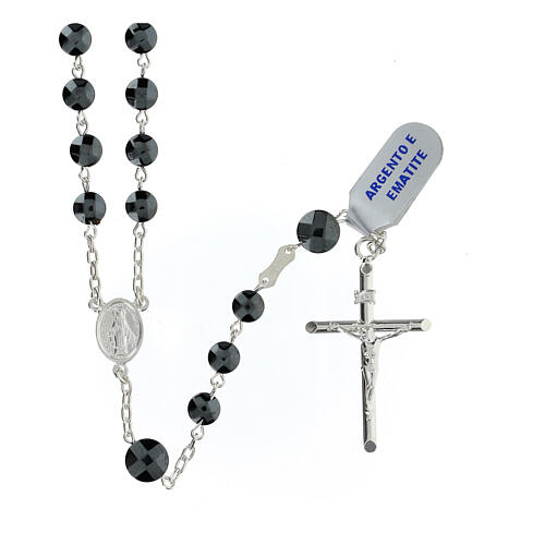 Różaniec z Medalikiem Matki Boskiej, srebro 925 i hematyt,  6mm 1