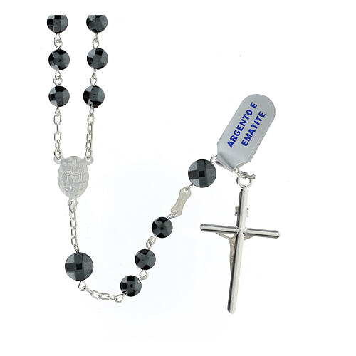 Różaniec z Medalikiem Matki Boskiej, srebro 925 i hematyt,  6mm 2