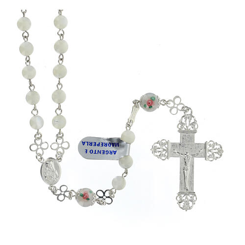 Mother-of-pearl rosary of Saint Rita with small roses, 0.2 in beads 1