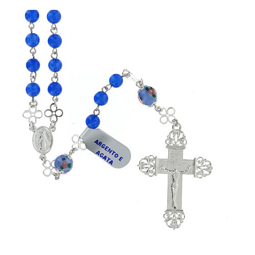 Blue agate rosary with small roses, 0.2 inches beads and 925 silver 1