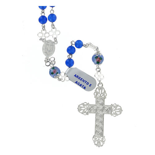 Blue agate rosary with small roses, 0.2 inches beads and 925 silver 2