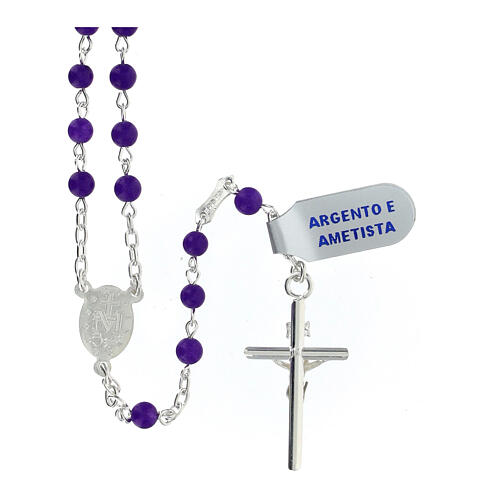 Różaniec ametyst i srebro 925, koraliki 4mm 2