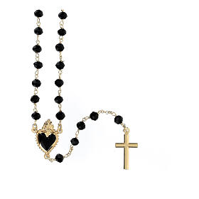 Sacred Heart rosary 2 mm in 925 silver gilded black crystal