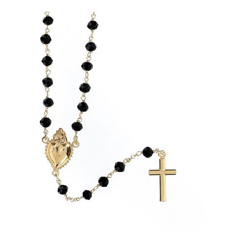 Sacred Heart rosary 2 mm in 925 silver gilded black crystal 2