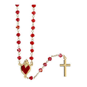 Sacred Heart rosary of gold plated 925 silver and coral red crystal, 0.008 in beads