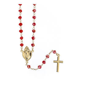 Sacred Heart rosary of gold plated 925 silver and coral red crystal, 0.008 in beads