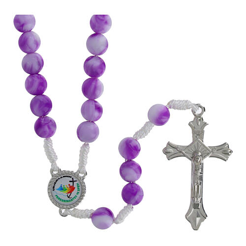 Terço Jubileu com contas acrílico branco e roxo 1