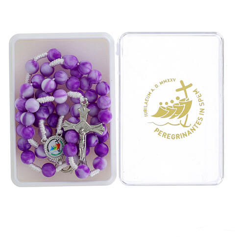 Terço Jubileu com contas acrílico branco e roxo 2