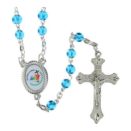 Light blue glass rosary with 0.16 in beads in a case with official Jubilee 2025 logo 1
