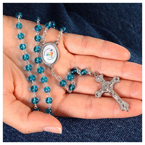 Light blue glass rosary with 0.16 in beads in a case with official Jubilee 2025 logo 2