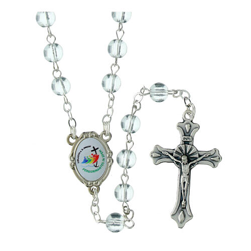 White glass rosary with rosary case, 0.2 in beads and Jubilee 2025 official logo 1