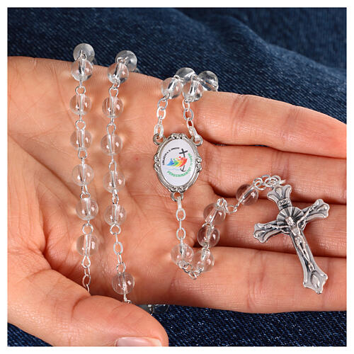 White glass rosary with rosary case, 0.2 in beads and Jubilee 2025 official logo 2