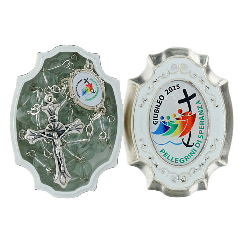 White glass rosary with rosary case, 0.2 in beads and Jubilee 2025 official logo 3