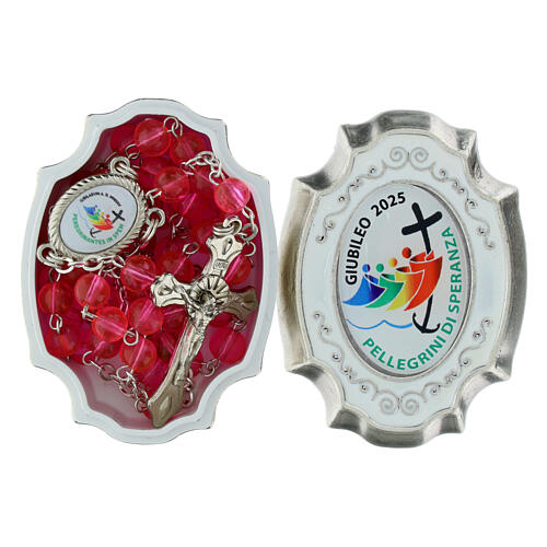 Rosa Rosenkranz mit 4 mm Glasperlen offizielles Jubiläumslogo 2025 mit Schachtel 2