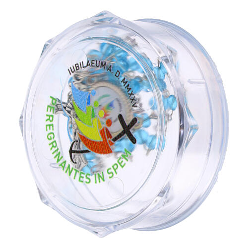 Box with 0.16 in aquamarine rosary, official Jubilee 2025 logo 2