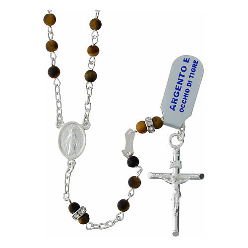 925 Silver Rosary with 4mm Tiger Eye Beads and Strass Pater 1