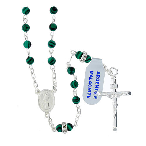 Rosario argento 925 grani malachite 4 mm pater strass 1