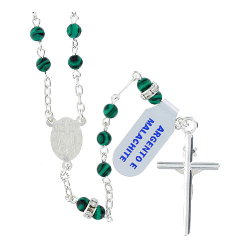 925 Silver Rosary with 4mm Malachite Beads and Strass Pater 2