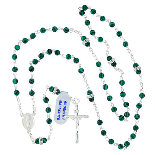 925 Silver Rosary with 4mm Malachite Beads and Strass Pater 4