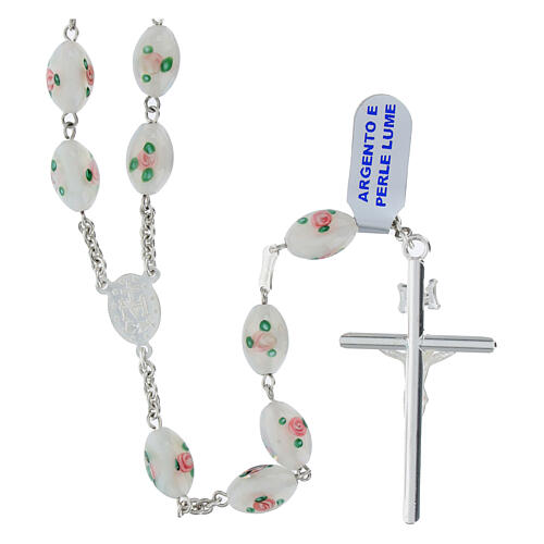 Rosario argento 925 grani ovali bianchi perla lume 1x0,5 cm 2
