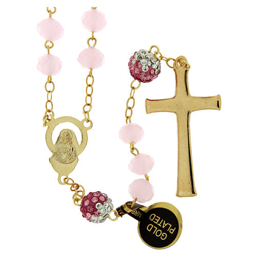 Terço Nossa Senhora dourado com contas de cristal cor-de-rosa 8x6 mm 2