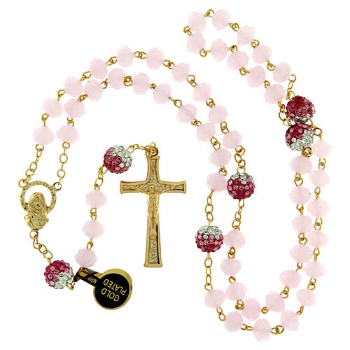 Terço Nossa Senhora dourado com contas de cristal cor-de-rosa 8x6 mm 4
