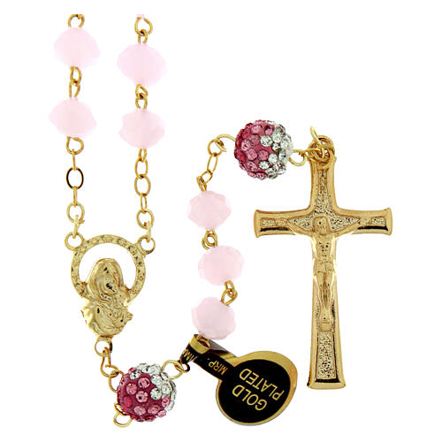 Golden Virgin Mary Rosary with Pink Crystal Beads, 8x6 mm 1