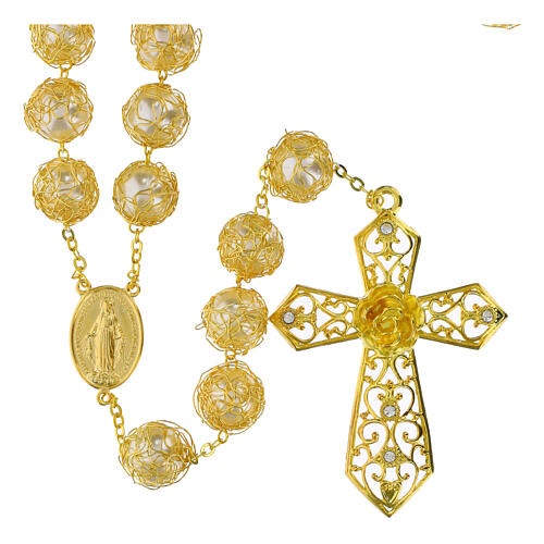 Rosario capoletto Madonna Miracolosa effetto perle ghirigori filo dorato grani 18mm 1