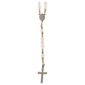 Rosario Madonna Miracolosa corda bianca quarzo rosa 6mm