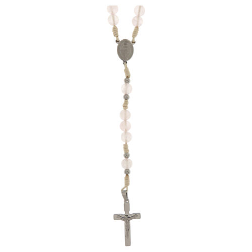 Rosario Madonna Miracolosa corda bianca quarzo rosa 6mm 1