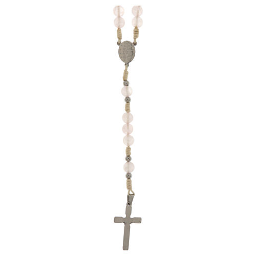 Rosario Madonna Miracolosa corda bianca quarzo rosa 6mm 2