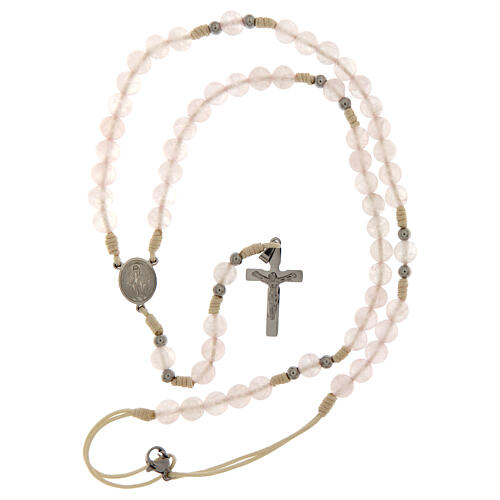 Rosario Madonna Miracolosa corda bianca quarzo rosa 6mm 4