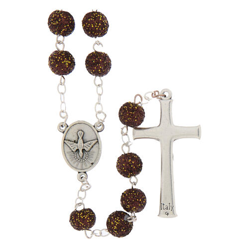 Rosario Madonna di Fatima grani glitter marroni e gialli 8mm 2