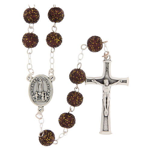 Our Lady of Fatima Rosary with Brown and Yellow Glitter Beads, 8mm 1