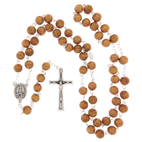 Terço Nossa Senhora de Fátima contas purpurina amarela e vermelha 8 mm 4