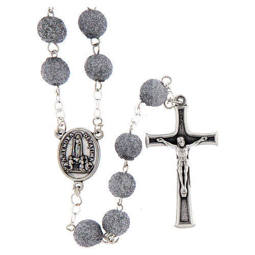 Chapelet Notre-Dame de Fatima grains gris perle 8 mm à paillettes 1