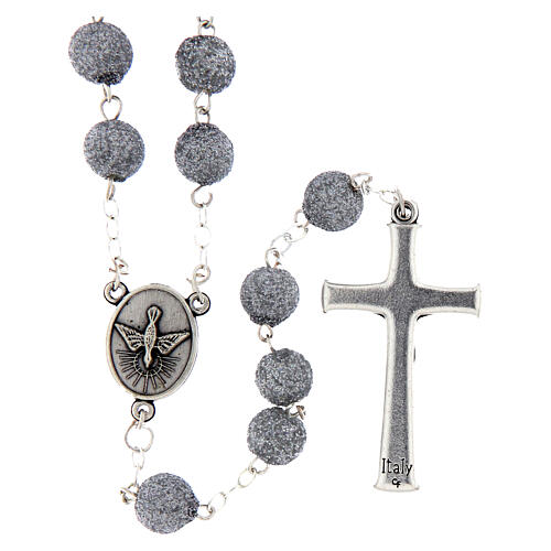 Rosario Madonna di Fatima grani glitter grigio perla 8mm 2