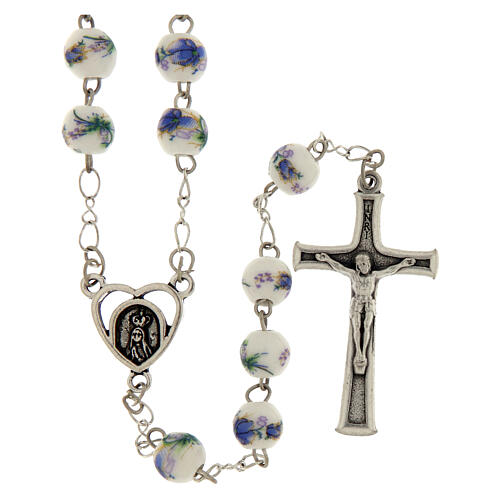 Chapelet Fatima perles en plastique avec roses et fleurs bleues 8 mm 1