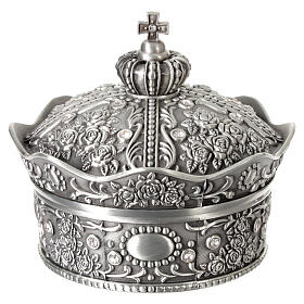 Crown-shaped rosary case, metal and zircons, 4x4 in
