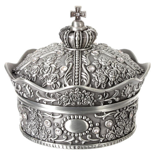 Caja para rosario en forma de corona metal y zircones 10,5x10 cm 1